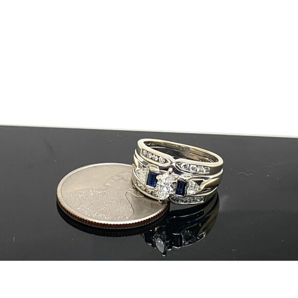 Wedding Set Diamond Blue Sapphire 14K White Gold Engagement Ring Band Size 5.25 - Picture 12 of 12